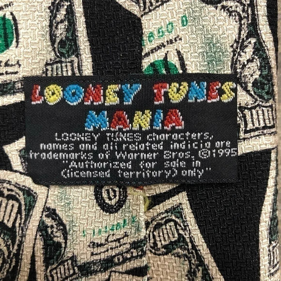 1995 Looney Tunes Mania 100 Dollar Bill 100% Silk Necktie Tie Hand Made EUC - Picture 3 of 7
